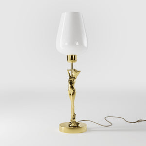 Art Deco table lamp with sculptural brass female figure and conical glossy white glass shade, decorative base by Ghidini 1849 - Finish: OLV Polished Brass