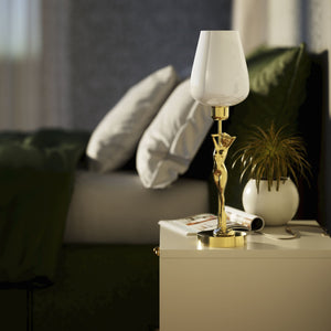 Art Deco table lamp with sculptural brass female figure and conical glossy white glass shade, decorative base by Ghidini 1849 - Finish: OLV Polished Brass