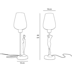 Art Deco table lamp with sculptural brass female figure and conical glossy white glass shade, decorative base by Ghidini 1849