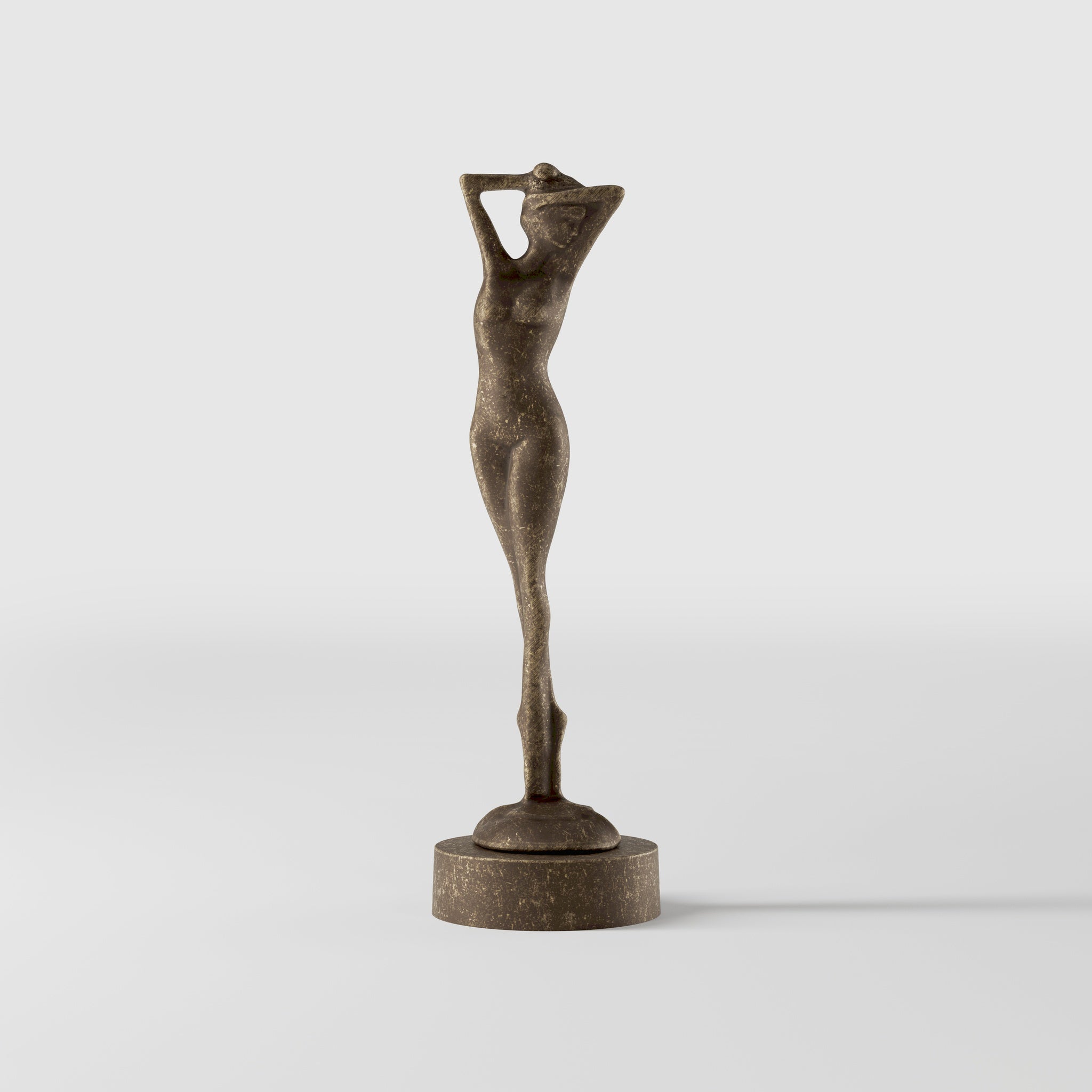 Art Deco decorative statue with dancing brass female figure, elegant pose and minimalist circular base by Ghidini 1849 - Finish: OAS Antique Brass