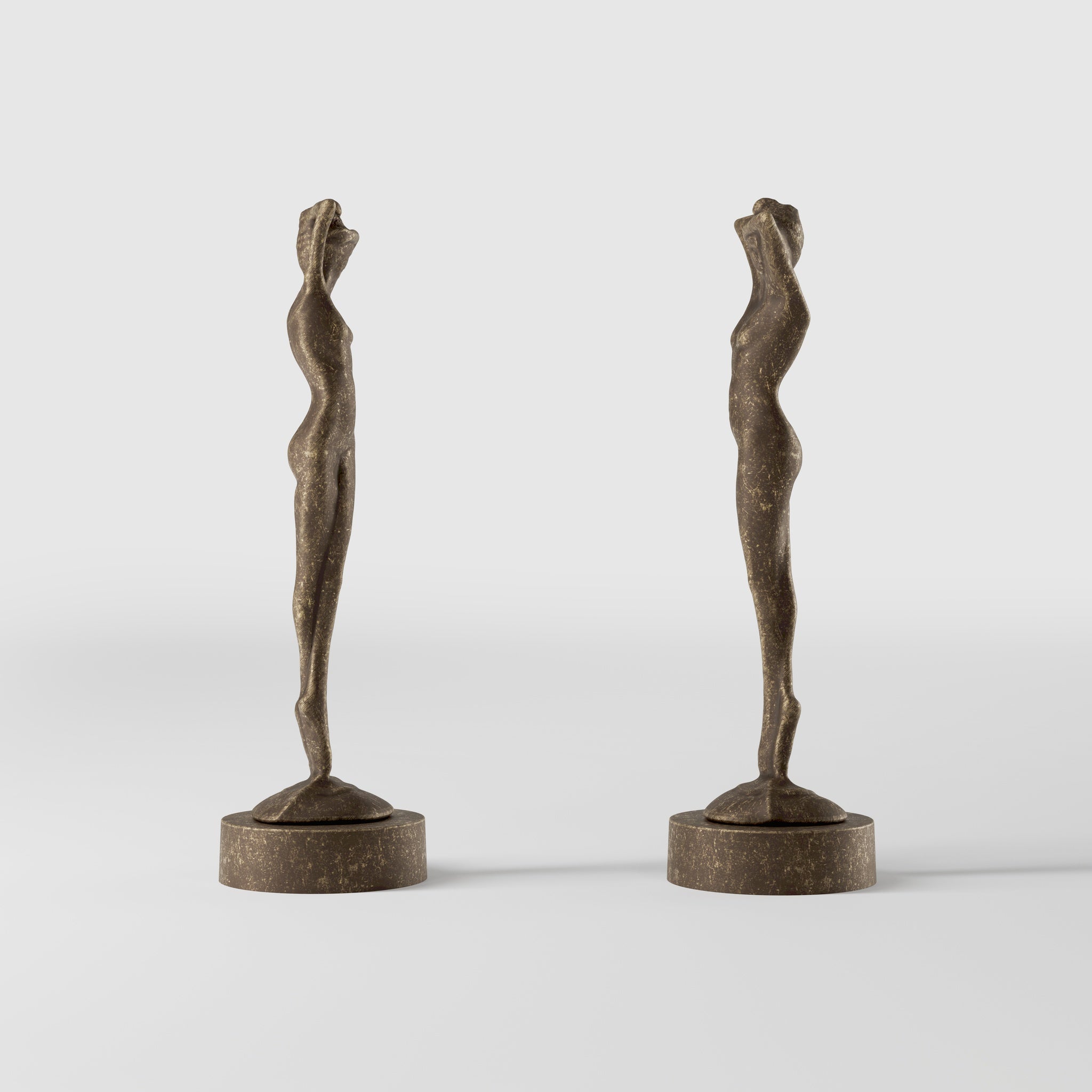 Art Deco decorative statue with dancing brass female figure, elegant pose and minimalist circular base by Ghidini 1849 - Finish: OAS Antique Brass