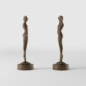 Art Deco decorative statue with dancing brass female figure, elegant pose and minimalist circular base by Ghidini 1849 - Finish: OAS Antique Brass