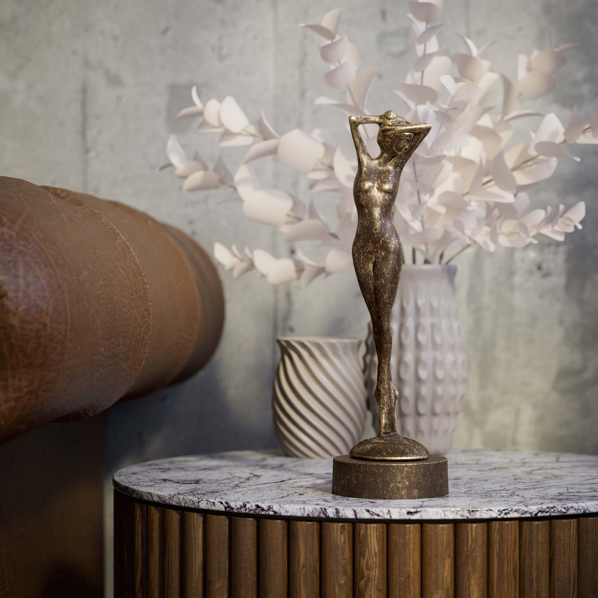 Art Deco decorative statue with dancing brass female figure, elegant pose and minimalist circular base by Ghidini 1849 - Finish: OAS Antique Brass