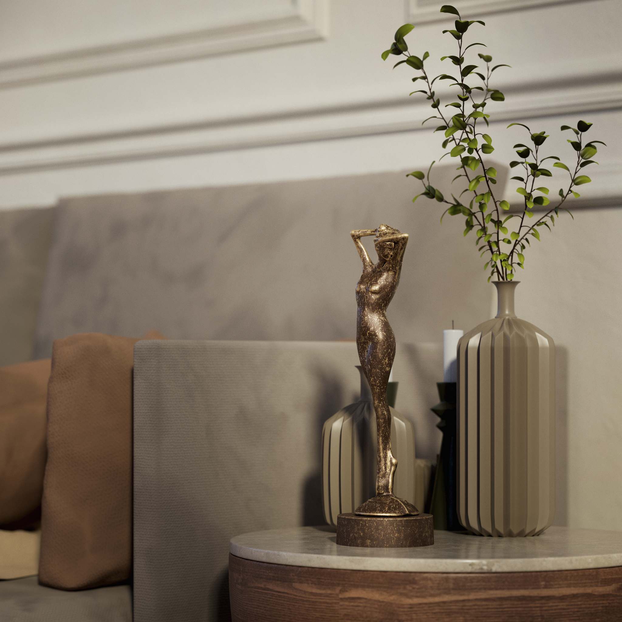 Art Deco decorative statue with dancing brass female figure, elegant pose and minimalist circular base by Ghidini 1849 - Finish: OAS Antique Brass