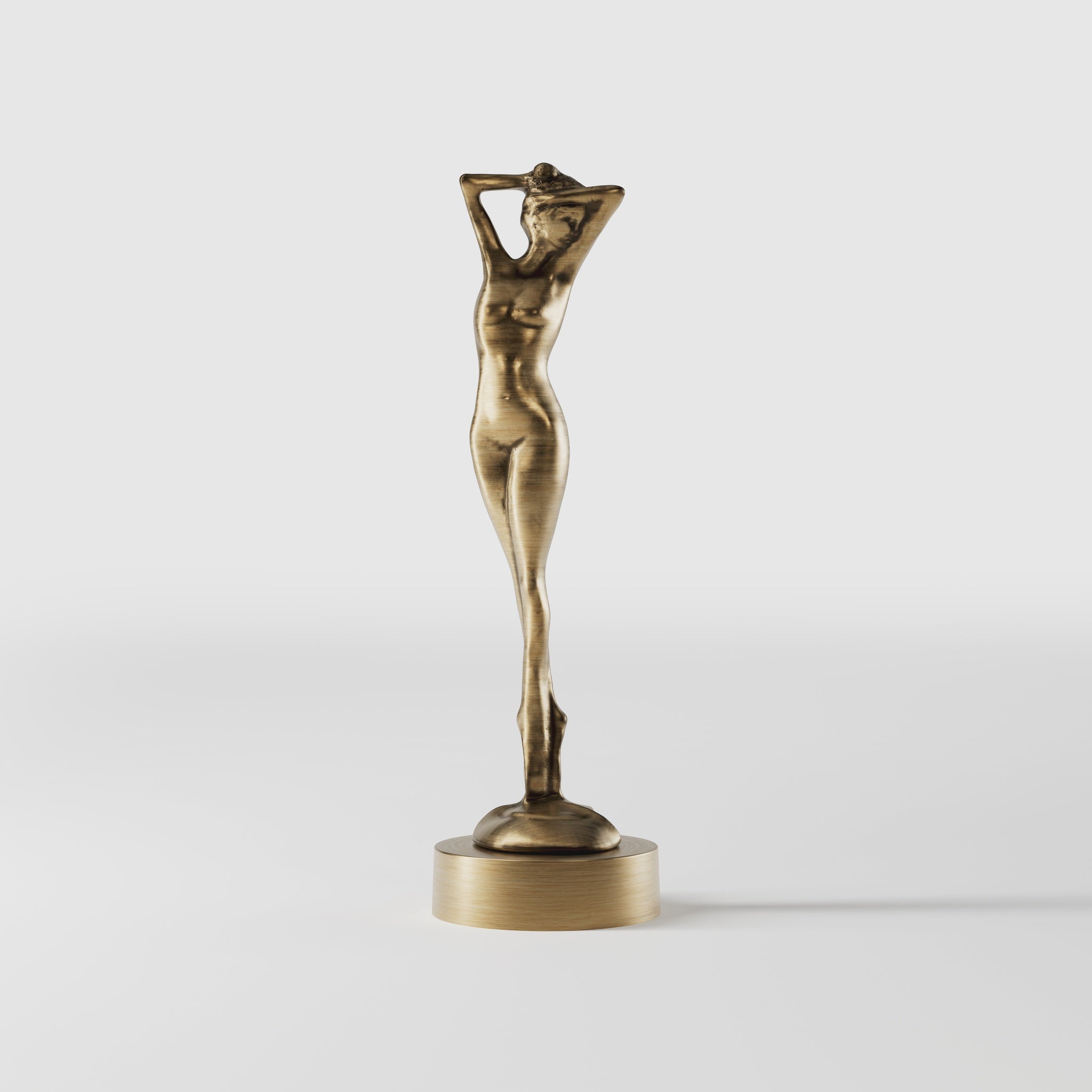 Art Deco decorative statue with dancing brass female figure, elegant pose and minimalist circular base by Ghidini 1849 - Finish: OBS Bronze Satin Brass