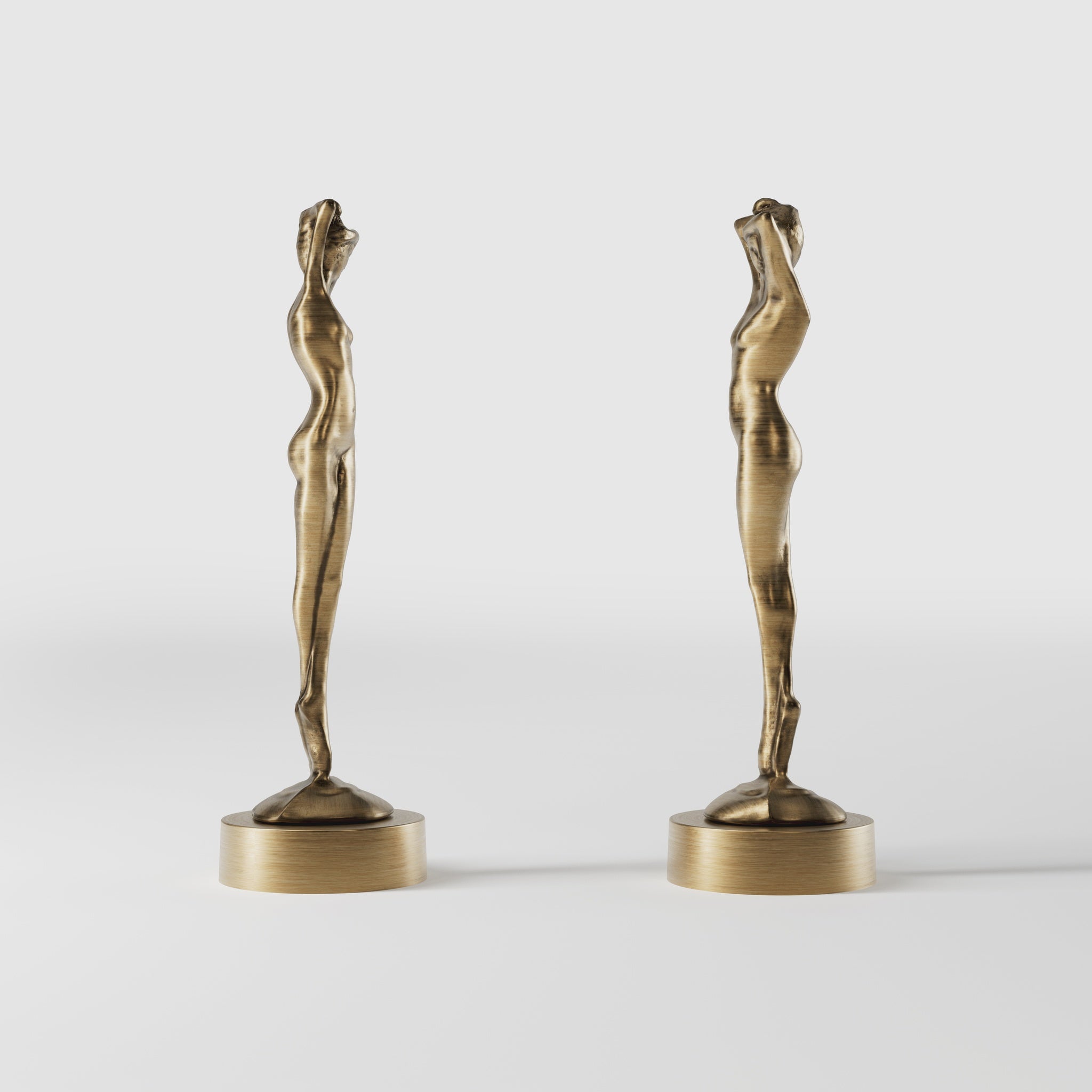 Art Deco decorative statue with dancing brass female figure, elegant pose and minimalist circular base by Ghidini 1849 - Finish: OBS Bronze Satin Brass