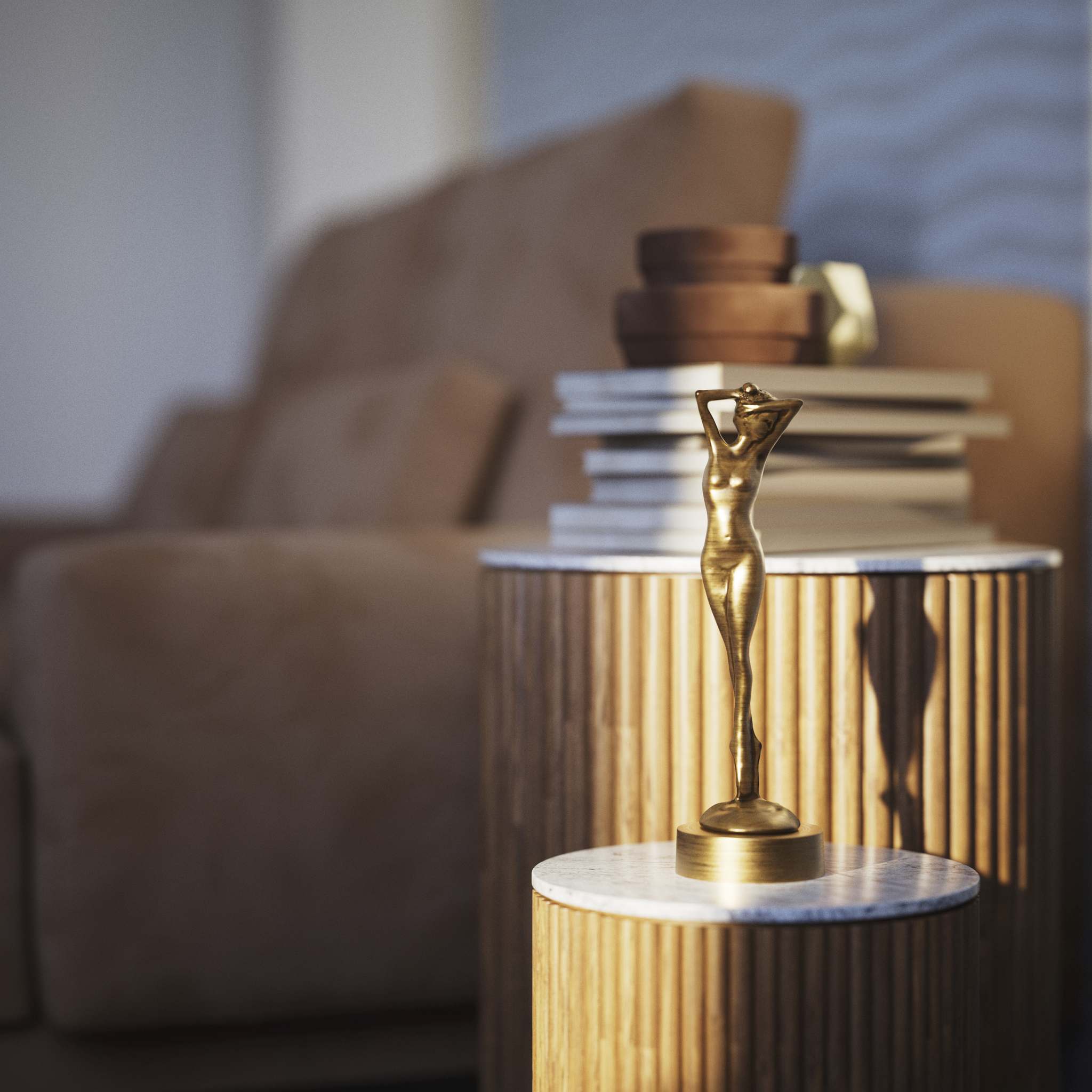 Art Deco decorative statue with dancing brass female figure, elegant pose and minimalist circular base by Ghidini 1849 - Finish: OBS Bronze Satin Brass