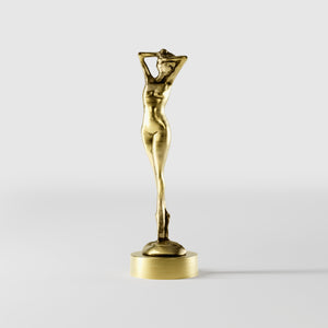 Art Deco decorative statue with dancing brass female figure, elegant pose and minimalist circular base by Ghidini 1849 - Finish: OBV Bronze Satin Light Brass