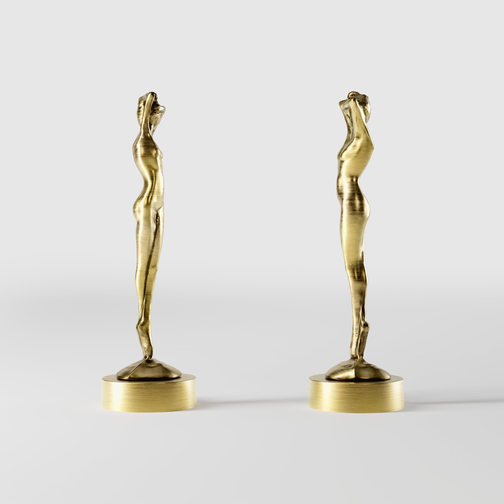 Art Deco decorative statue with dancing brass female figure, elegant pose and minimalist circular base by Ghidini 1849 - Finish: OBV Bronze Satin Light Brass