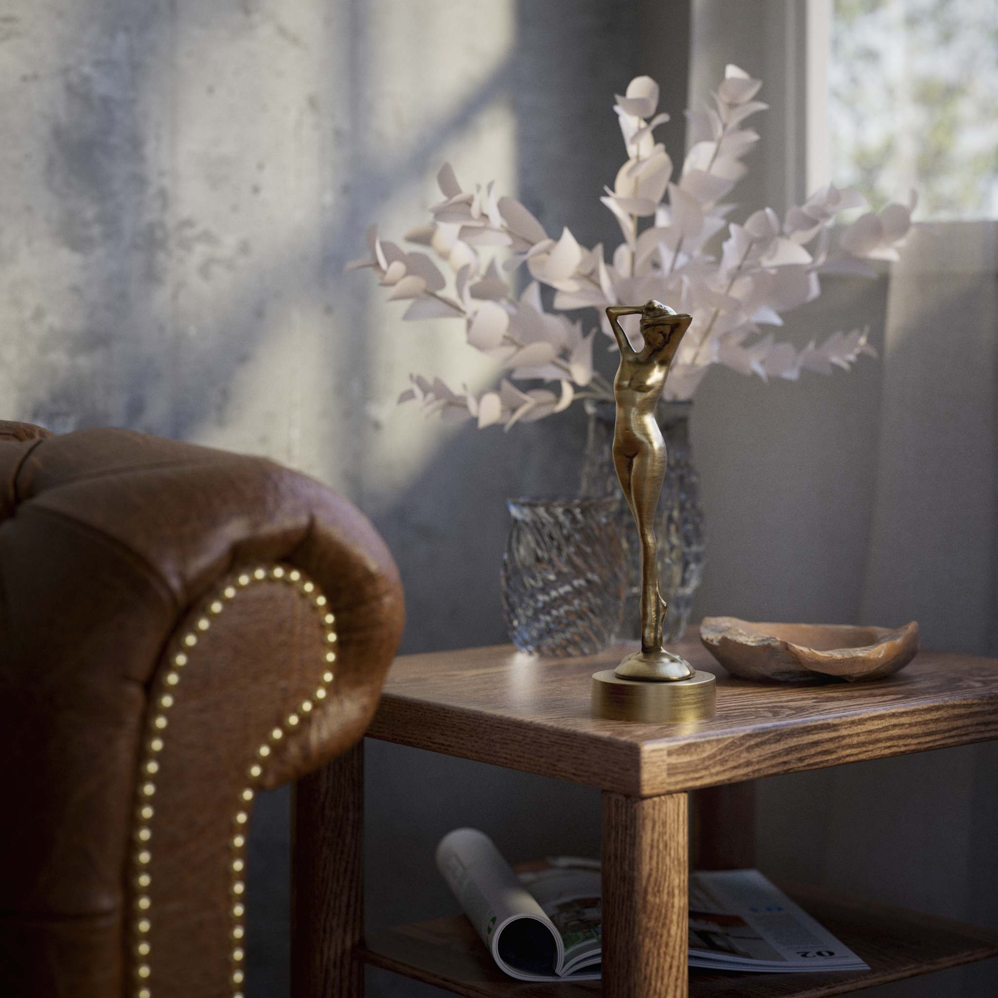 Art Deco decorative statue with dancing brass female figure, elegant pose and minimalist circular base by Ghidini 1849 - Finish: OBV Bronze Satin Light Brass