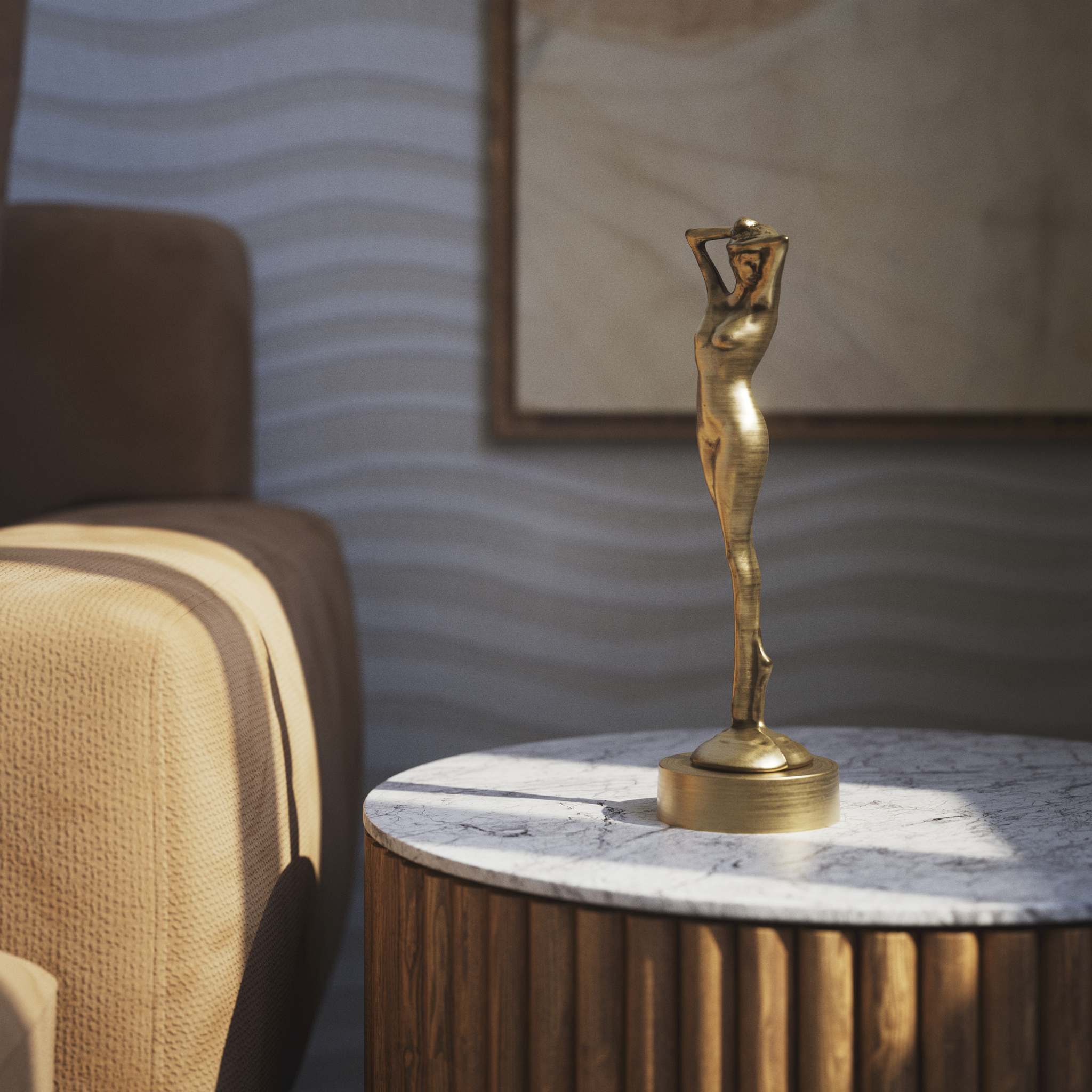 Art Deco decorative statue with dancing brass female figure, elegant pose and minimalist circular base by Ghidini 1849 - Finish: OBV Bronze Satin Light Brass