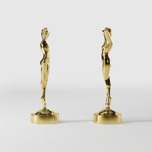 Art Deco decorative statue with dancing brass female figure, elegant pose and minimalist circular base by Ghidini 1849 - Finish: OLV Polished Brass