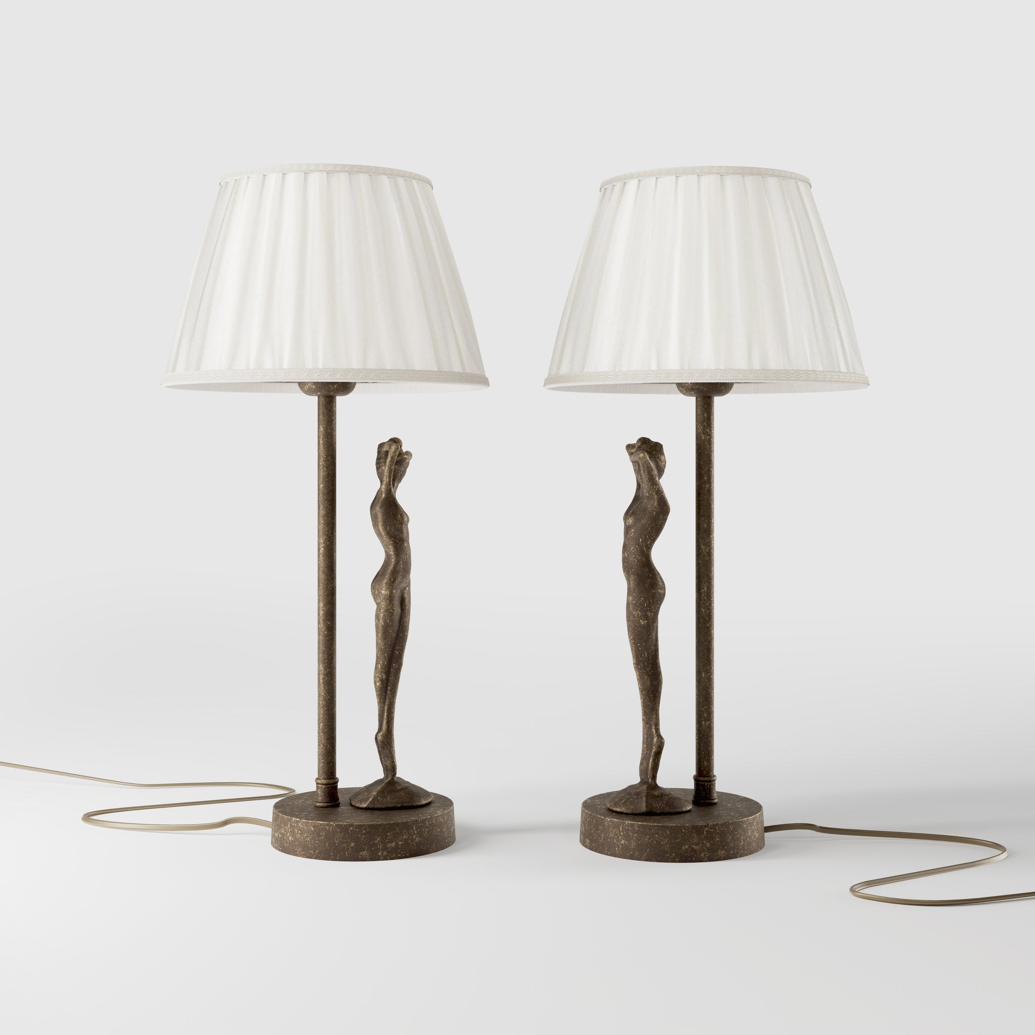 Art Deco table lamp with dancing brass female figure and pleated ivory fabric shade, essential circular base by Ghidini 1849 - Finish: OAS Antique Brass