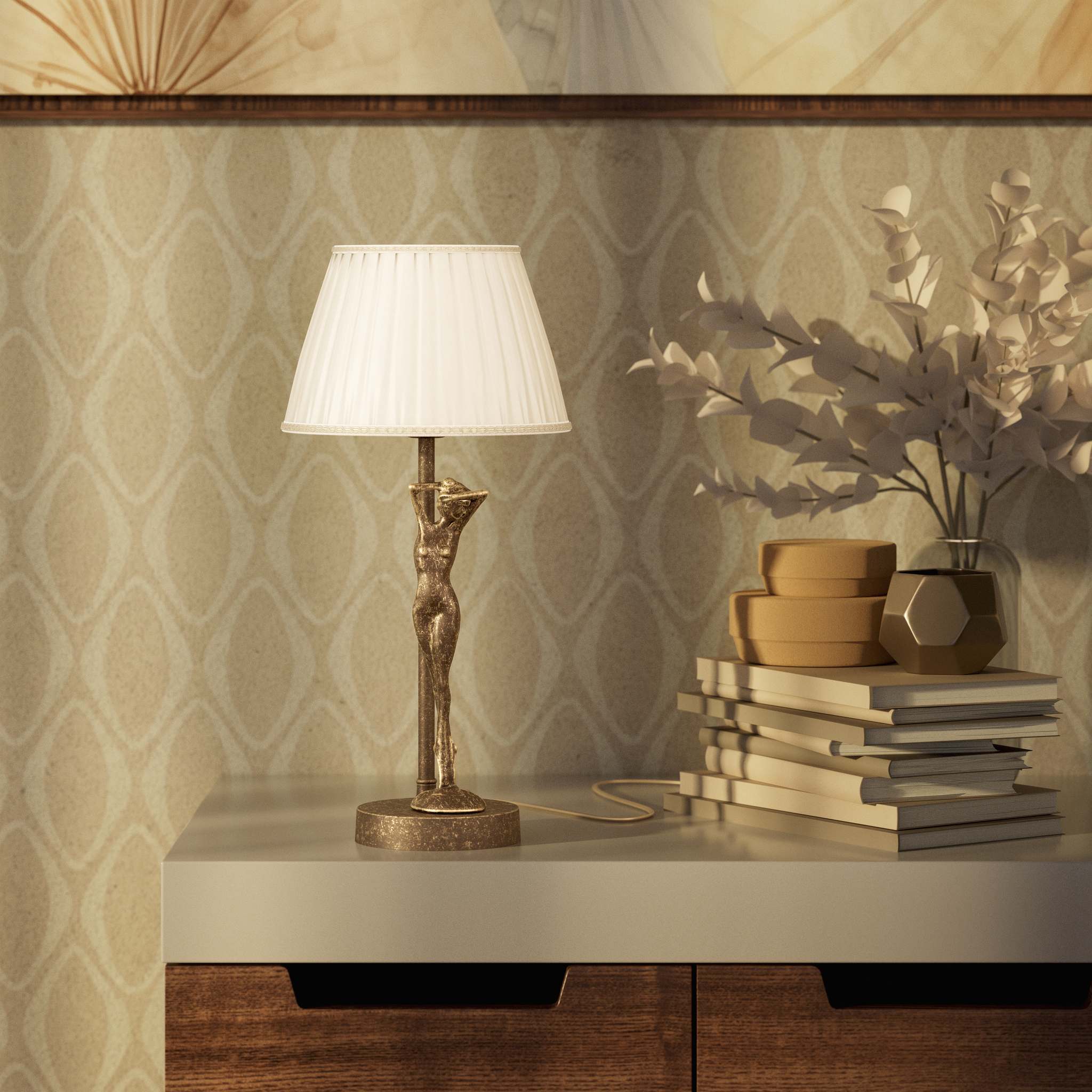 Art Deco table lamp with dancing brass female figure and pleated ivory fabric shade, essential circular base by Ghidini 1849 - Finish: OAS Antique Brass