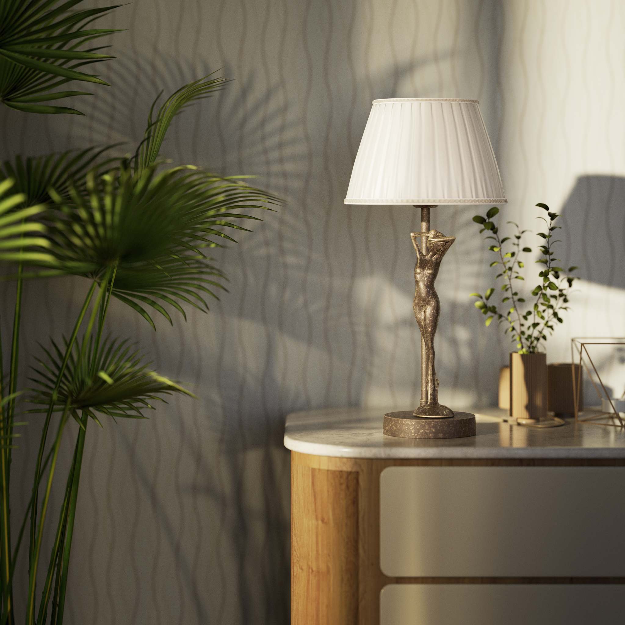 Art Deco table lamp with dancing brass female figure and pleated ivory fabric shade, essential circular base by Ghidini 1849 - Finish: OAS Antique Brass