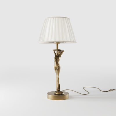 Art Deco table lamp with dancing brass female figure and pleated ivory fabric shade, essential circular base by Ghidini 1849 - Finish: OBS Bronze Satin Brass