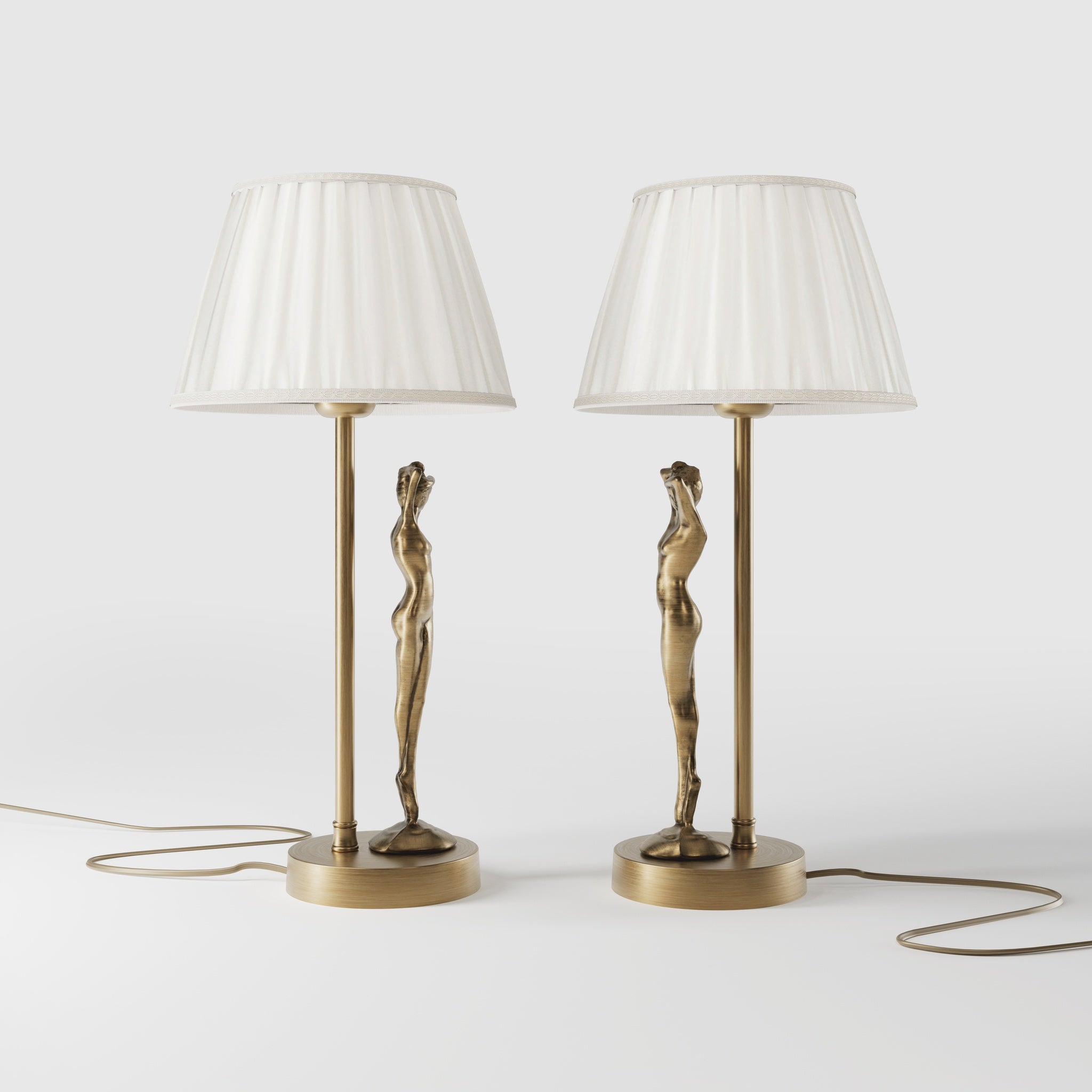 Art Deco table lamp with dancing brass female figure and pleated ivory fabric shade, essential circular base by Ghidini 1849 - Finish: OBS Bronze Satin Brass