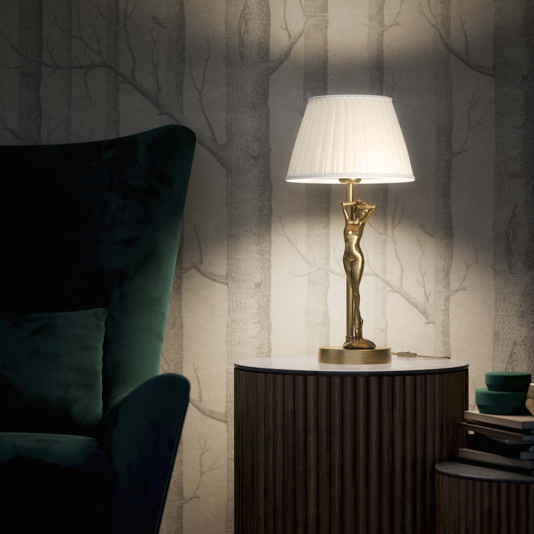 Art Deco table lamp with dancing brass female figure and pleated ivory fabric shade, essential circular base by Ghidini 1849 - Finish: OBS Bronze Satin Brass