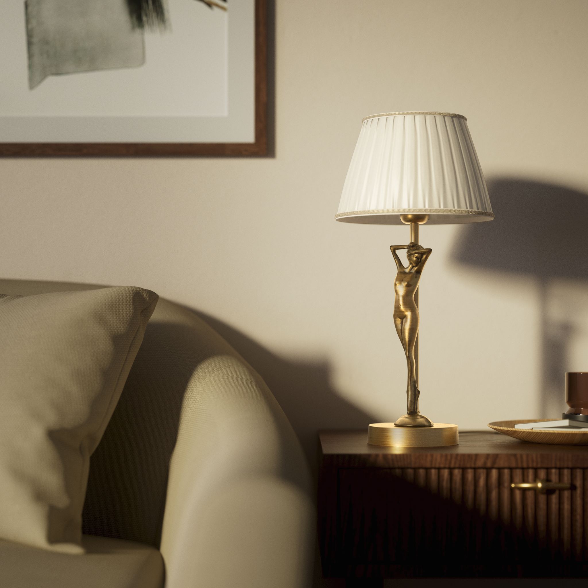 Art Deco table lamp with dancing brass female figure and pleated ivory fabric shade, essential circular base by Ghidini 1849 - Finish: OBS Bronze Satin Brass