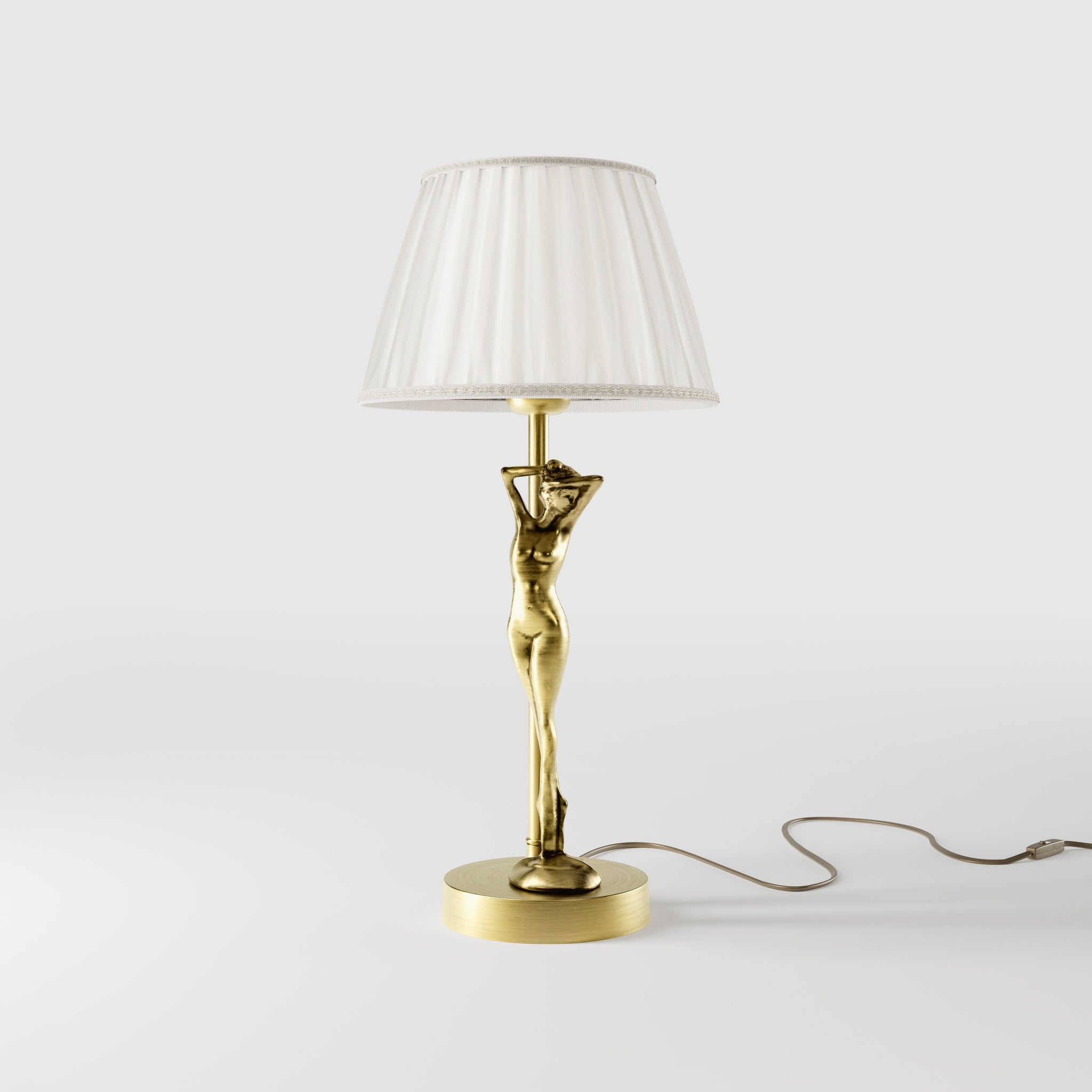 Art Deco table lamp with dancing brass female figure and pleated ivory fabric shade, essential circular base by Ghidini 1849 - Finish: OBV Bronze Satin Light Brass