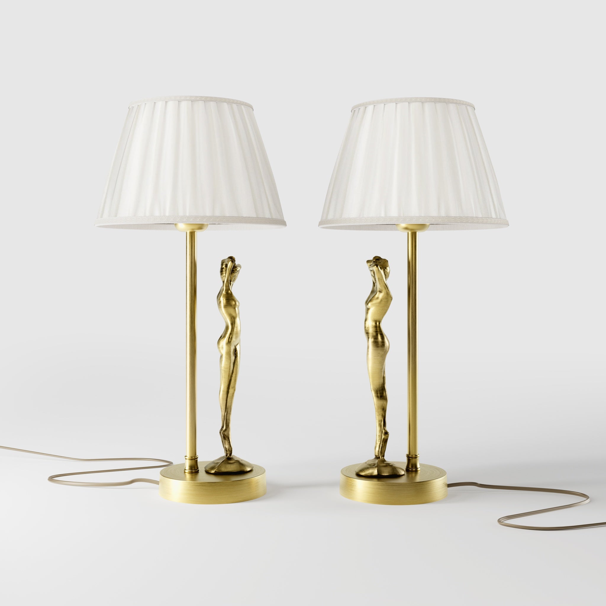 Art Deco table lamp with dancing brass female figure and pleated ivory fabric shade, essential circular base by Ghidini 1849 - Finish: OBV Bronze Satin Light Brass