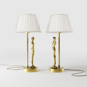 Art Deco table lamp with dancing brass female figure and pleated ivory fabric shade, essential circular base by Ghidini 1849 - Finish: OBV Bronze Satin Light Brass