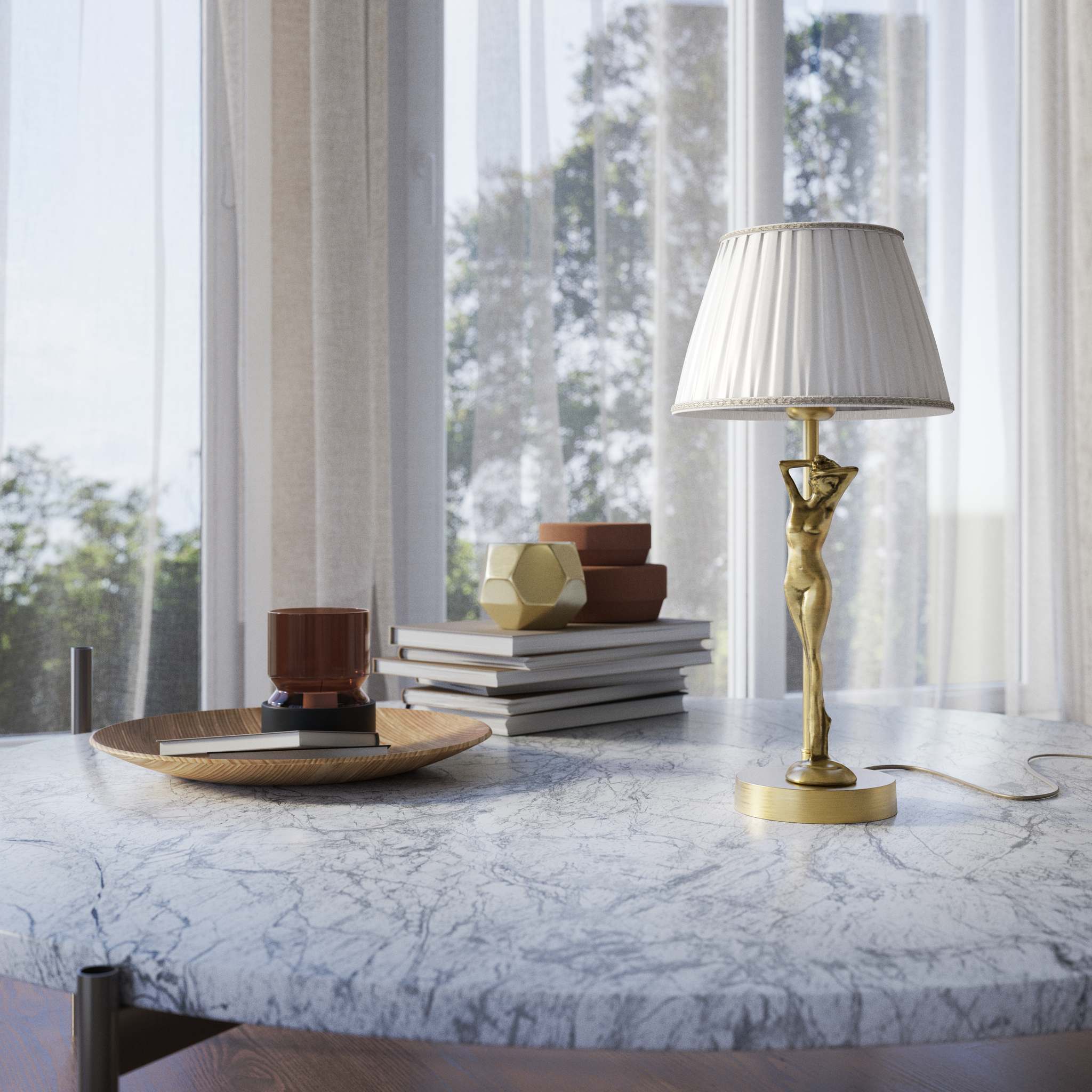 Art Deco table lamp with dancing brass female figure and pleated ivory fabric shade, essential circular base by Ghidini 1849 - Finish: OBV Bronze Satin Light Brass