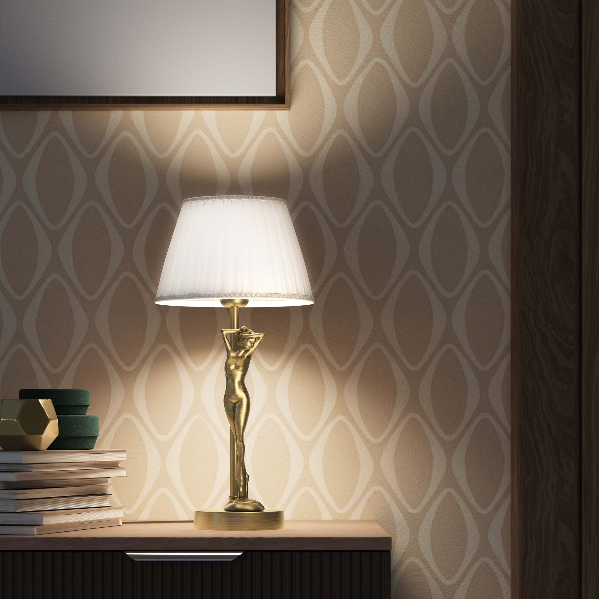 Art Deco table lamp with dancing brass female figure and pleated ivory fabric shade, essential circular base by Ghidini 1849 - Finish: OBV Bronze Satin Light Brass