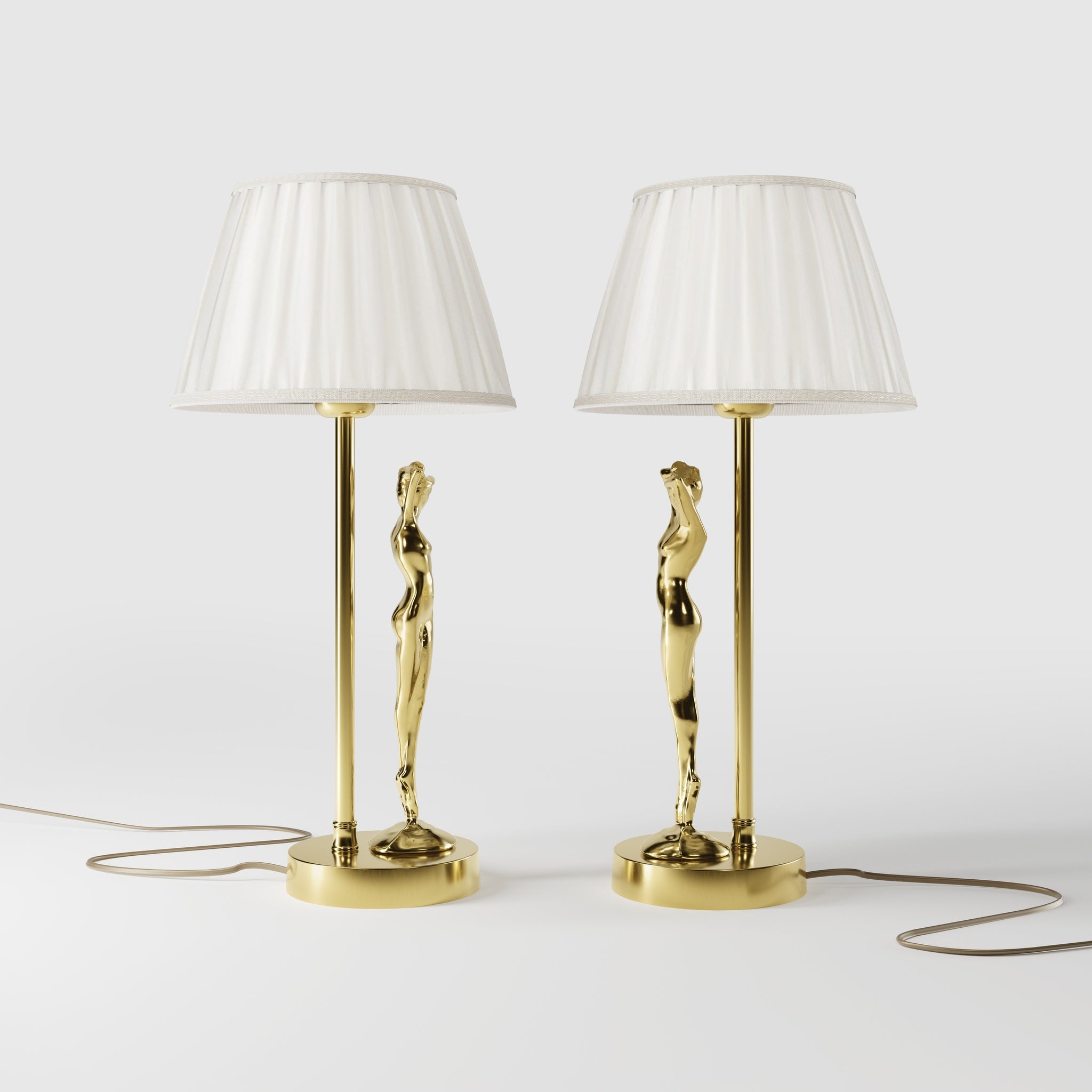 Art Deco table lamp with dancing brass female figure and pleated ivory fabric shade, essential circular base by Ghidini 1849 - Finish: OLV Polished Brass