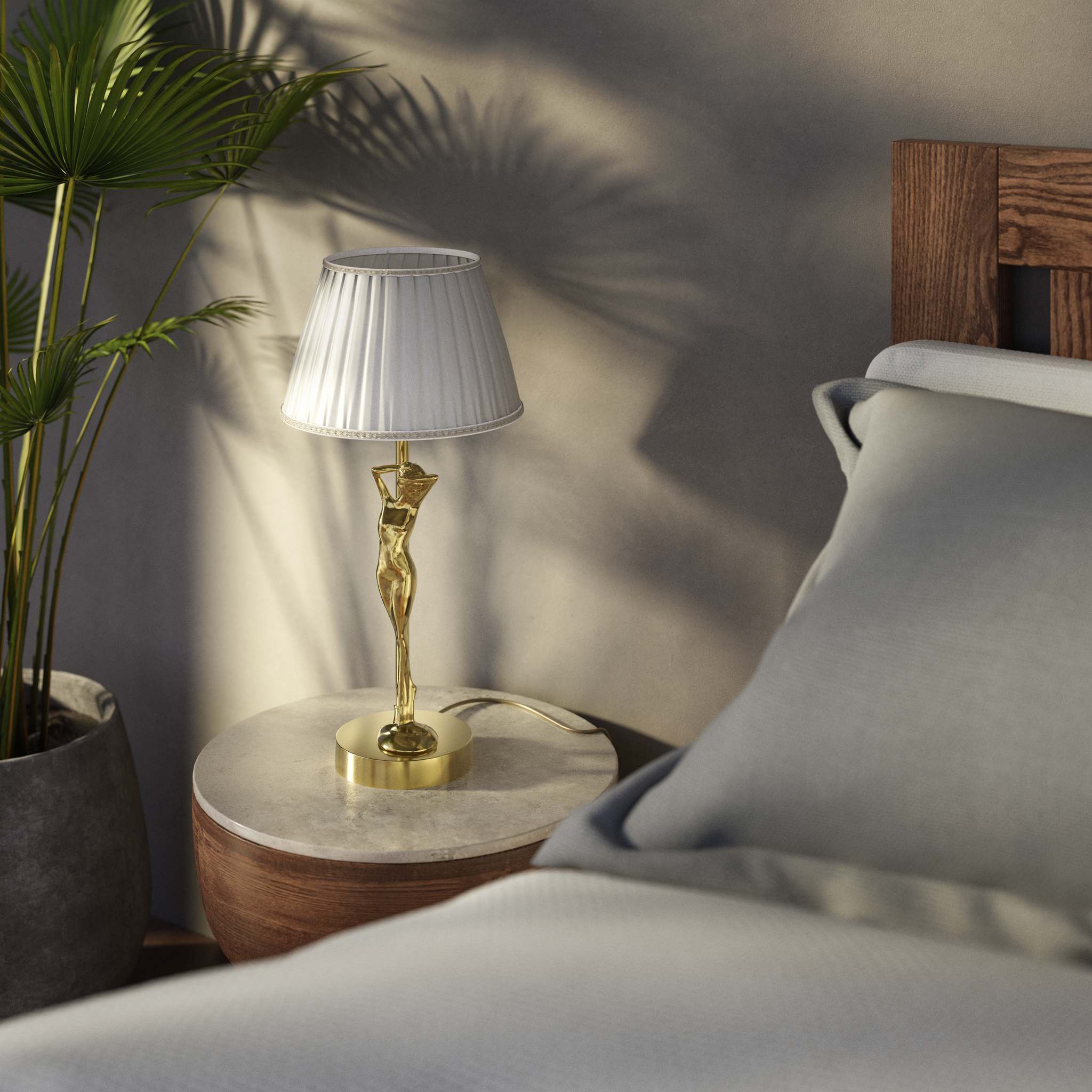 Art Deco table lamp with dancing brass female figure and pleated ivory fabric shade, essential circular base by Ghidini 1849 - Finish: OLV Polished Brass