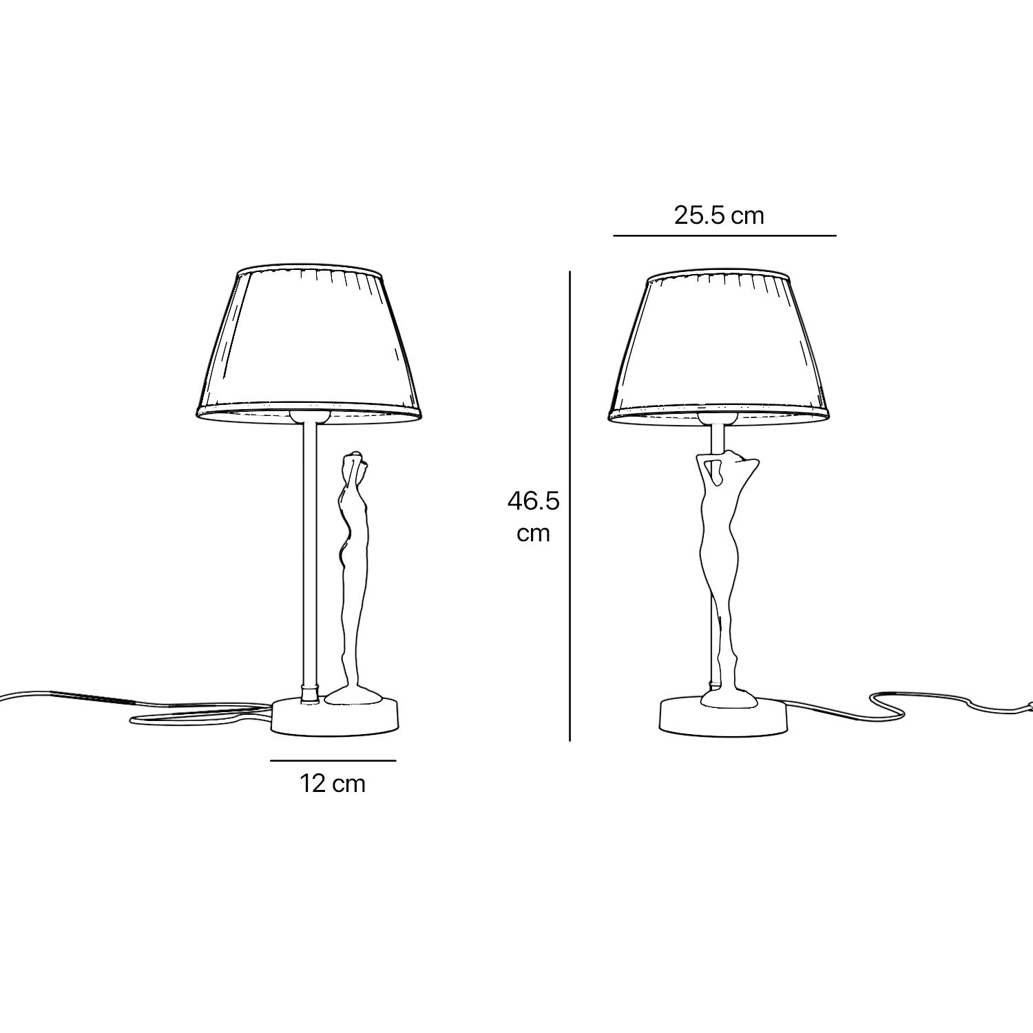 Art Deco table lamp with dancing brass female figure and pleated ivory fabric shade, essential circular base by Ghidini 1849