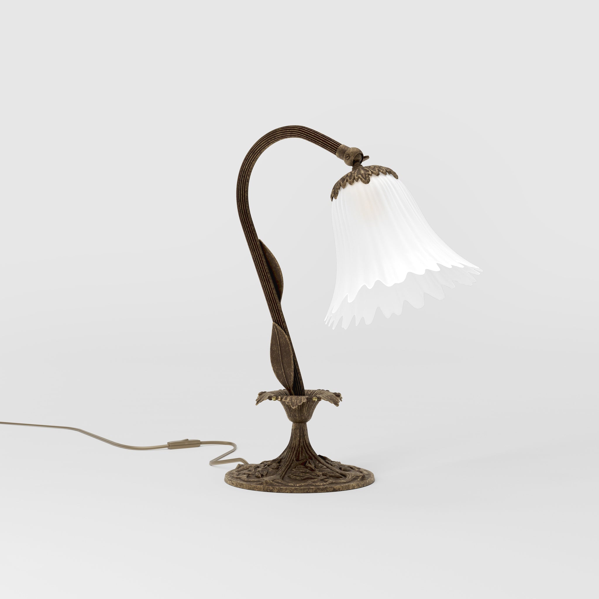 Brass table lamp with sculpted floral frosted glass shade and engraved base by Ghidini 1849 - Finish: OAS Antique Brass