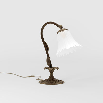 Brass table lamp with sculpted floral frosted glass shade and engraved base by Ghidini 1849 - Finish: OAS Antique Brass
