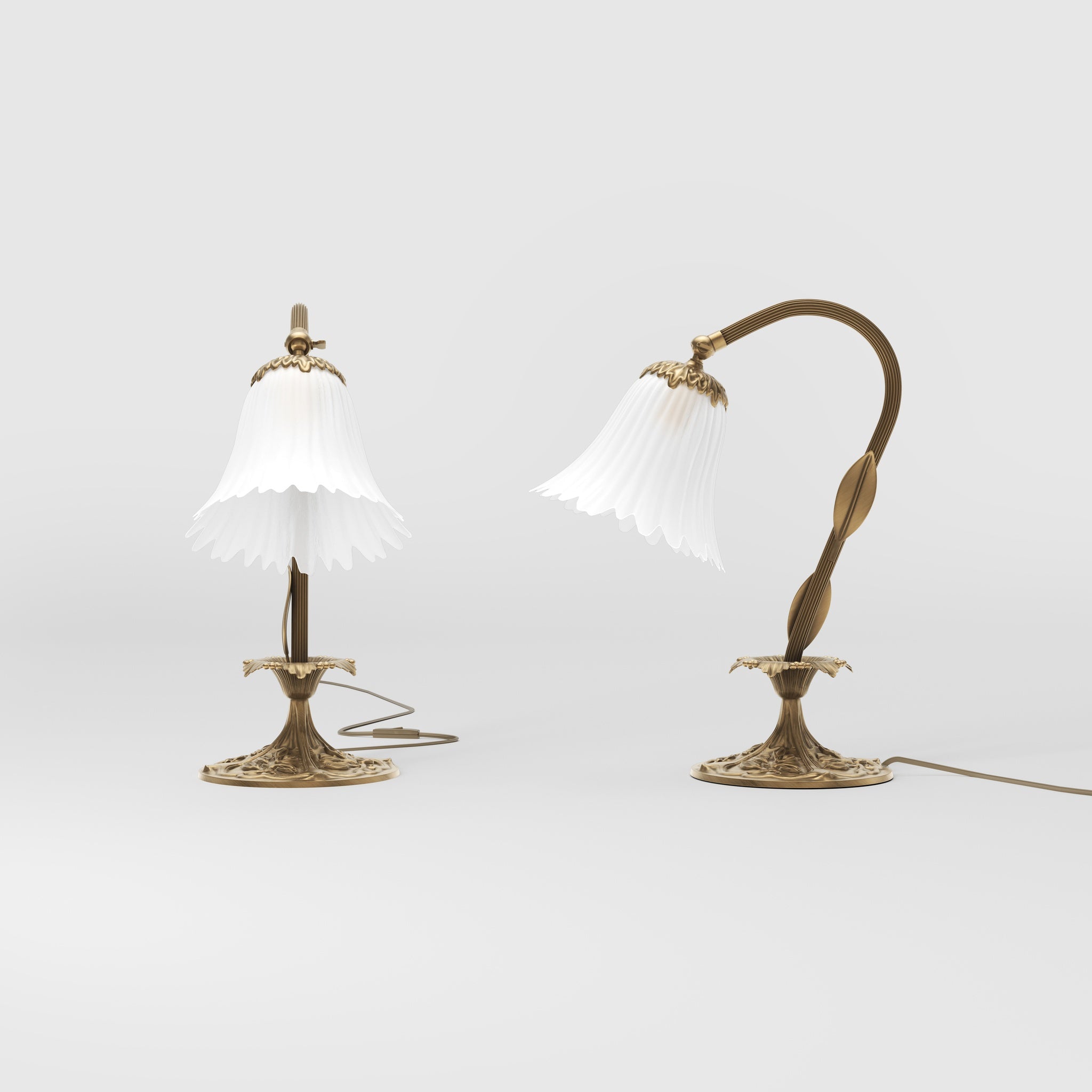Brass table lamp with sculpted floral frosted glass shade and engraved base by Ghidini 1849 - Finish: OBS Bronze Satin Brass