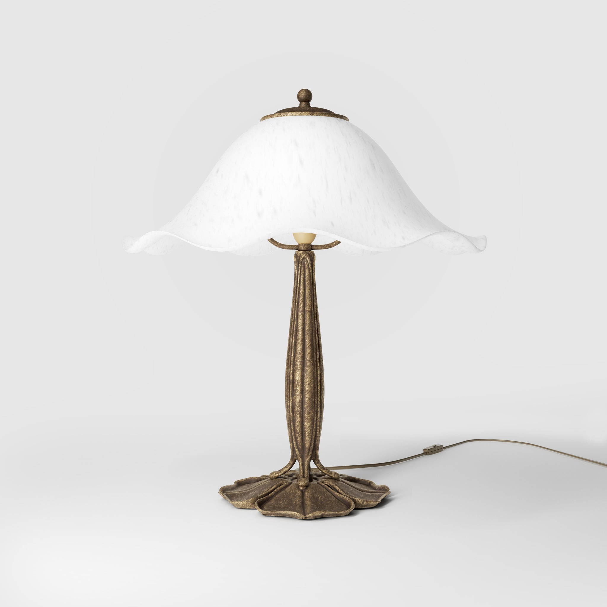 Brass table lamp with floral frosted glass shade and wood base by Ghidini 1849 - Finish: OAS Antique Brass