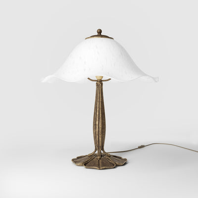 Brass table lamp with floral frosted glass shade and wood base by Ghidini 1849 - Finish: OAS Antique Brass