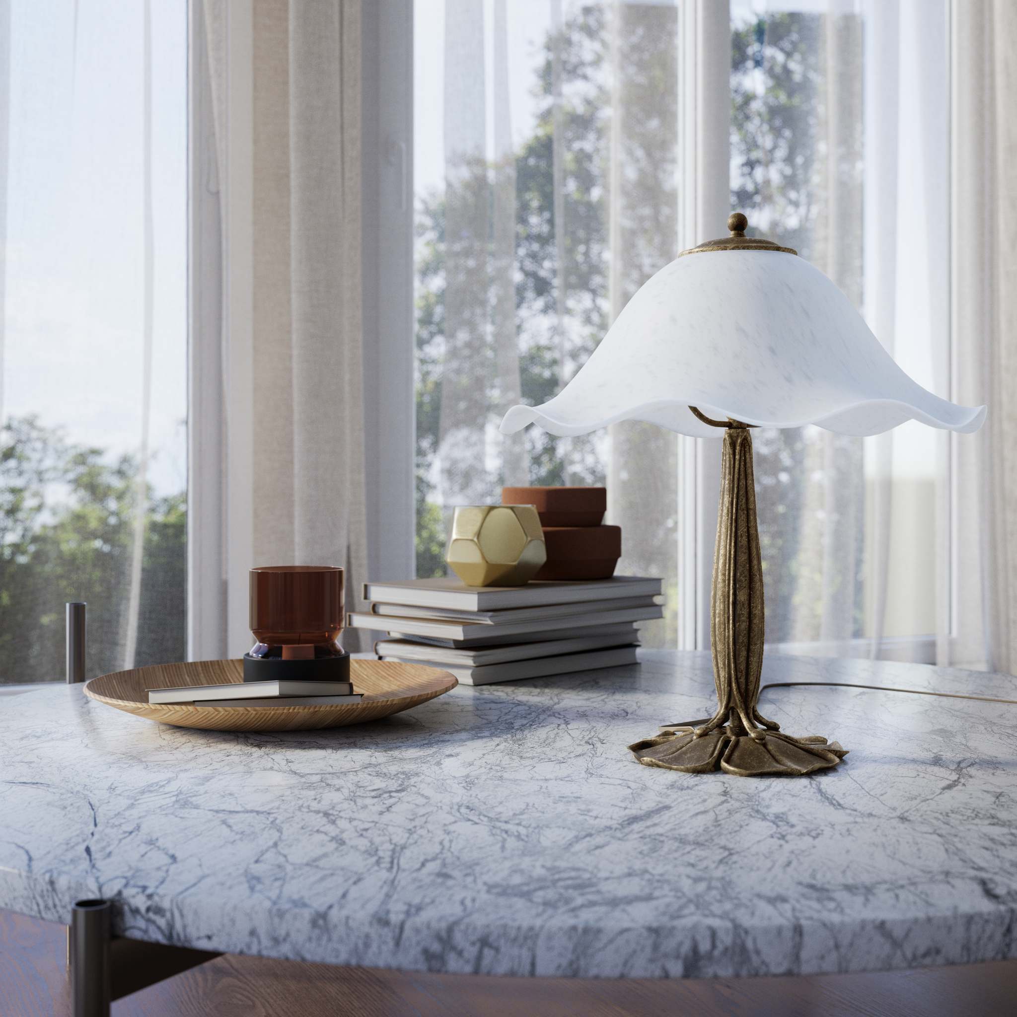 Brass table lamp with floral frosted glass shade and wood base by Ghidini 1849 - Finish: OAS Antique Brass