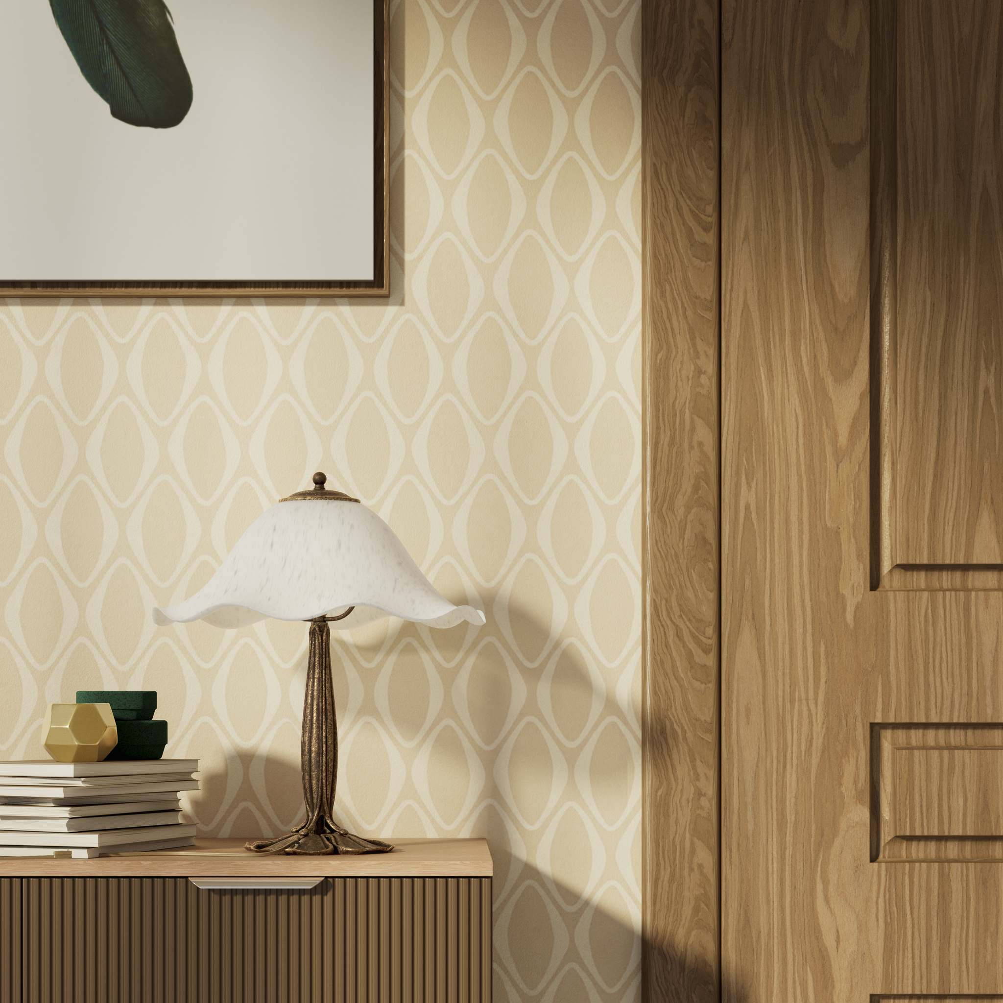 Brass table lamp with floral frosted glass shade and wood base by Ghidini 1849 - Finish: OAS Antique Brass