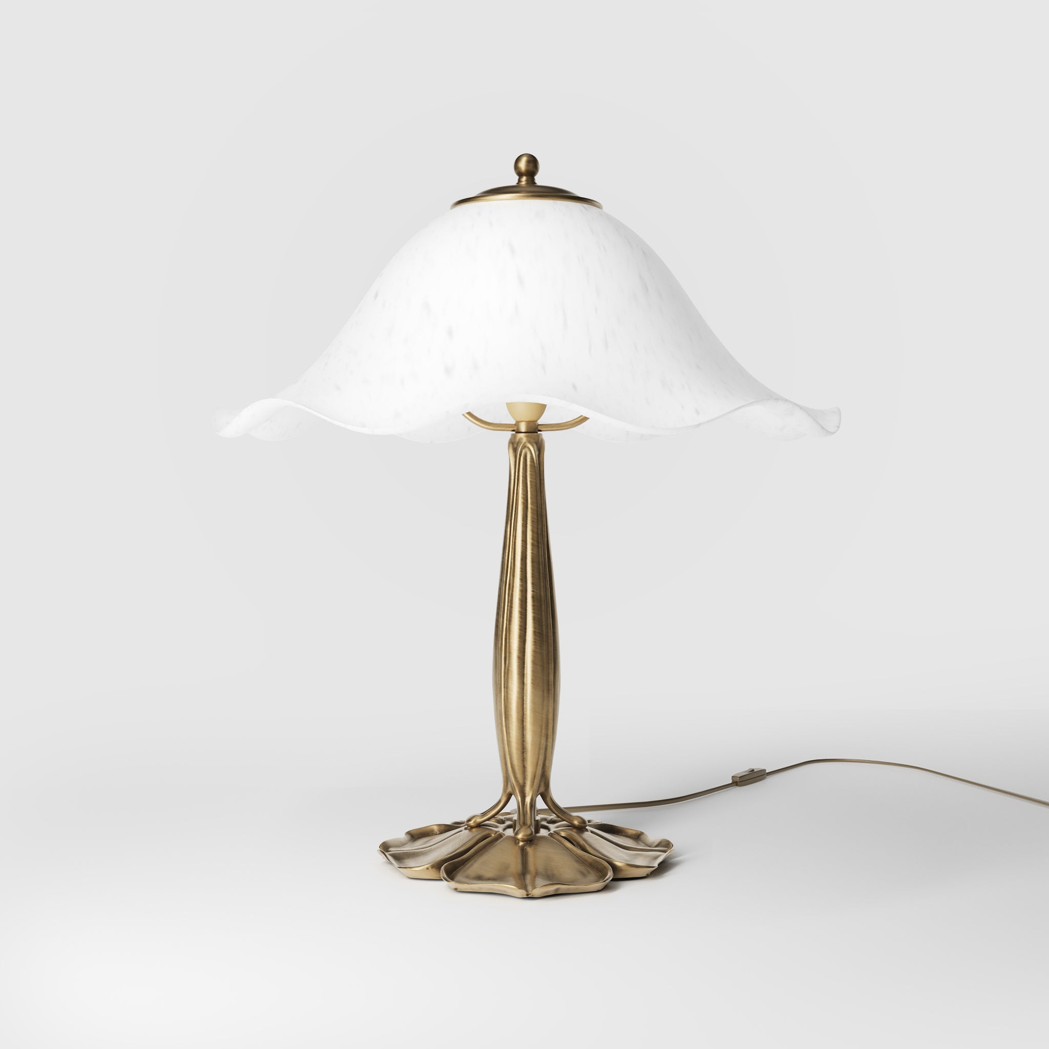 Brass table lamp with floral frosted glass shade and wood base by Ghidini 1849 - Finish: OBS Bronze Satin Brass