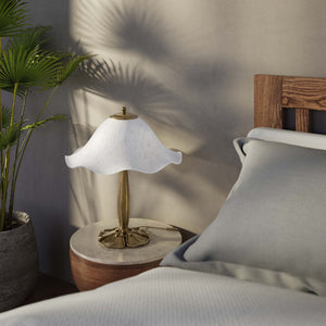 Brass table lamp with floral frosted glass shade and wood base by Ghidini 1849 - Finish: OBS Bronze Satin Brass