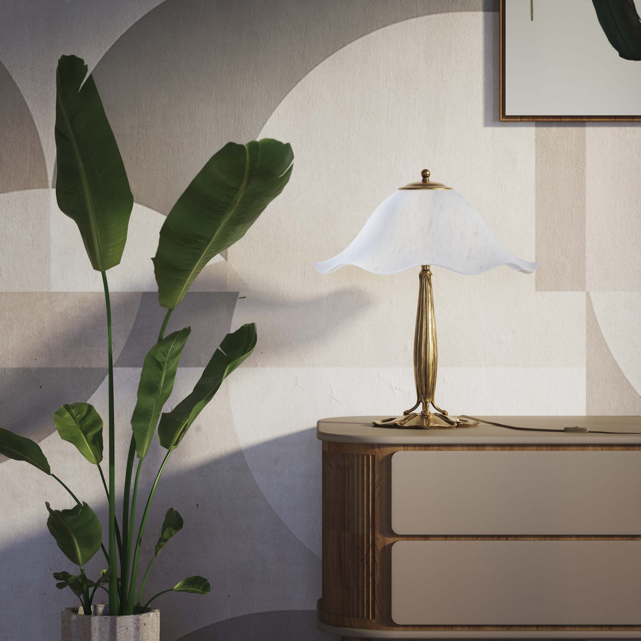 Brass table lamp with floral frosted glass shade and wood base by Ghidini 1849 - Finish: OBS Bronze Satin Brass