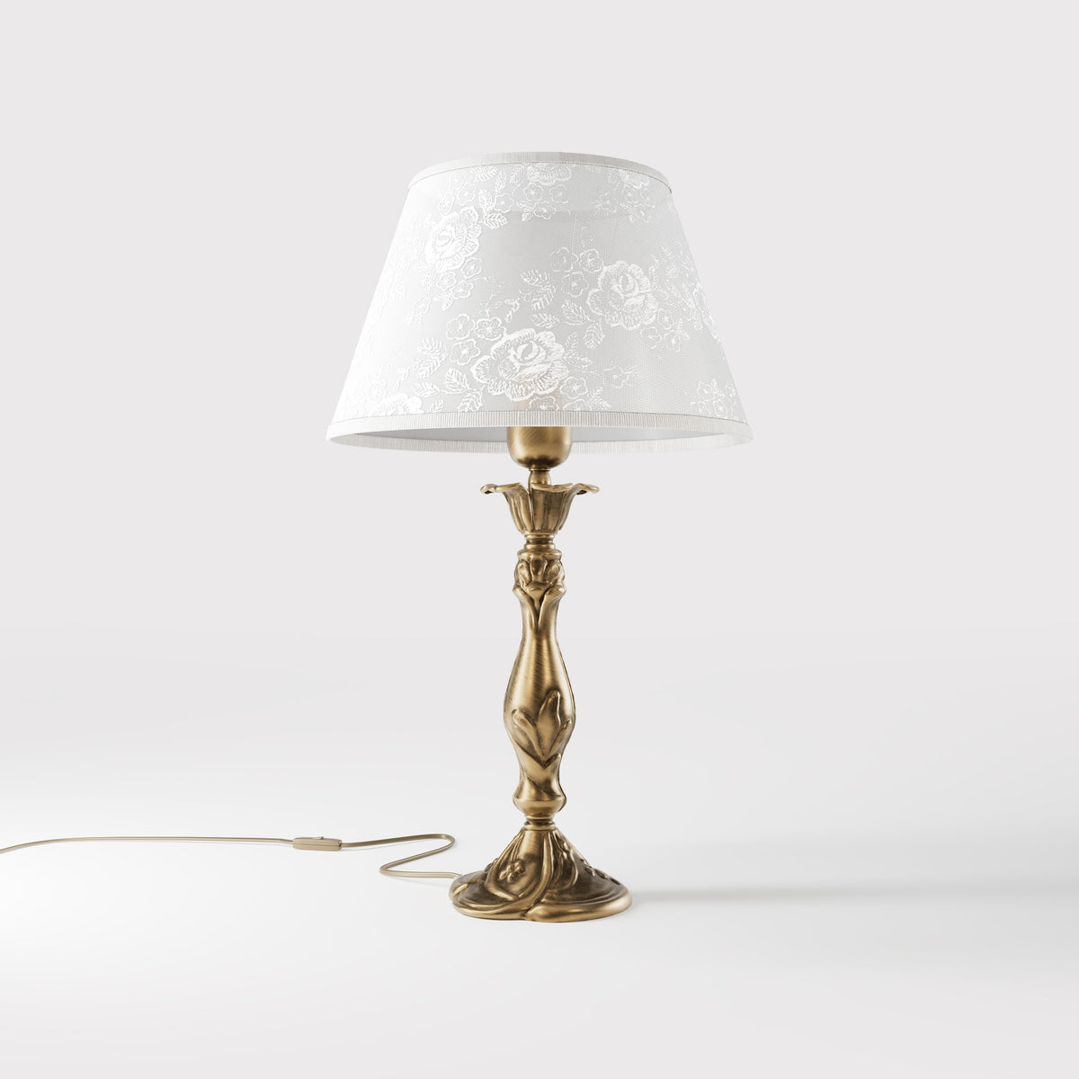 Art Nouveau table lamp with embroidered floral shade and brass stem with decorative botanical motifs by Ghidini 1849 - Finish: OBS Bronze Satin Brass