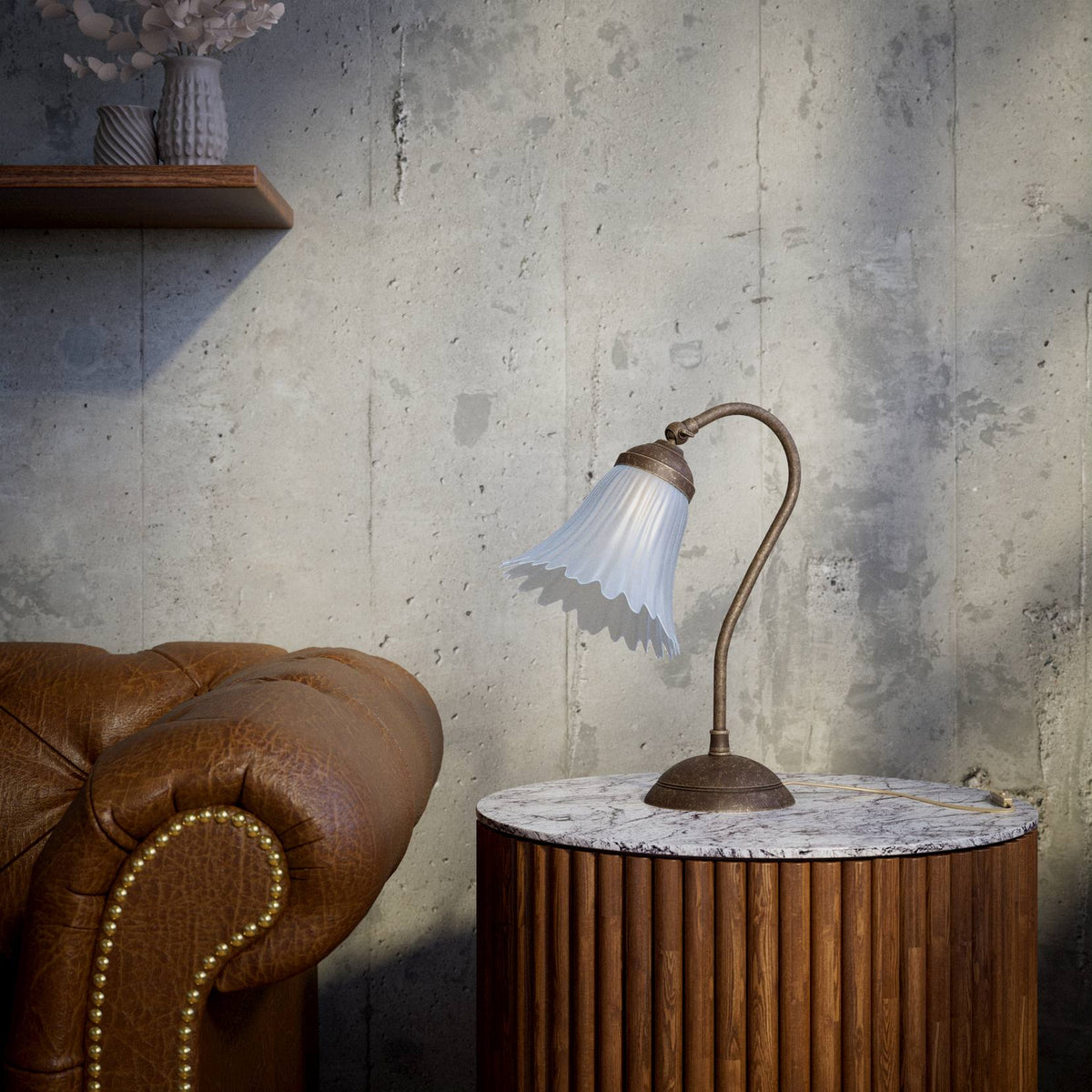 Table lamp with adjustable brass arm and wavy frosted glass shade, round base, classic Italian design by Ghidini 1849 - Finish: OAS Antique Brass