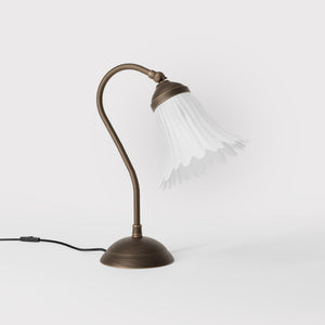 Table lamp with adjustable brass arm and wavy frosted glass shade, round base, classic Italian design by Ghidini 1849 - Finish: OBM Bronze Satin Matt Brass