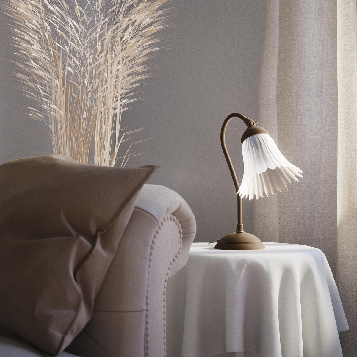 Table lamp with adjustable brass arm and wavy frosted glass shade, round base, classic Italian design by Ghidini 1849 - Finish: OBM Bronze Satin Matt Brass