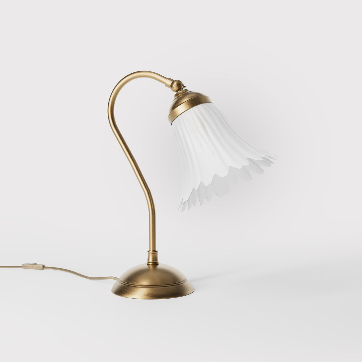 Table lamp with adjustable brass arm and wavy frosted glass shade, round base, classic Italian design by Ghidini 1849 - Finish: OBS Bronze Satin Brass