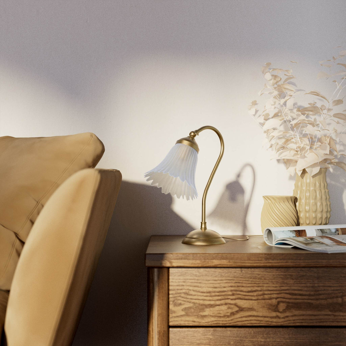 Table lamp with adjustable brass arm and wavy frosted glass shade, round base, classic Italian design by Ghidini 1849 - Finish: OBS Bronze Satin Brass
