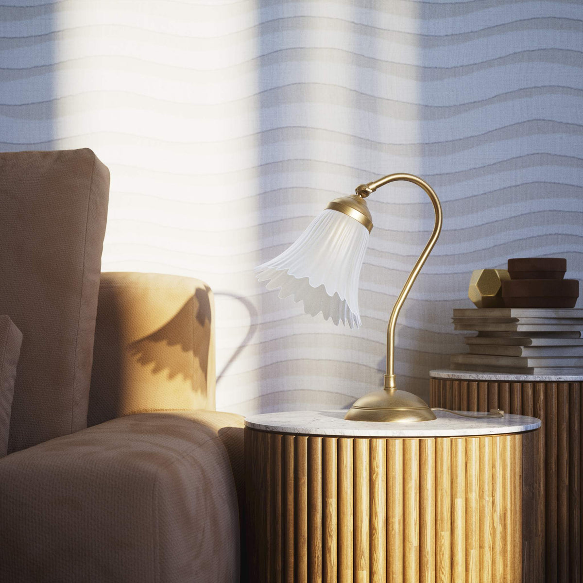 Table lamp with adjustable brass arm and wavy frosted glass shade, round base, classic Italian design by Ghidini 1849 - Finish: OBS Bronze Satin Brass