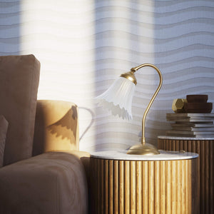 Table lamp with adjustable brass arm and wavy frosted glass shade, round base, classic Italian design by Ghidini 1849 - Finish: OBS Bronze Satin Brass