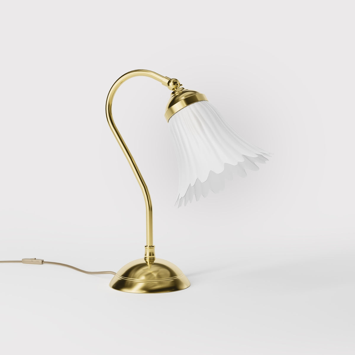 Table lamp with adjustable brass arm and wavy frosted glass shade, round base, classic Italian design by Ghidini 1849 - Finish: OLV Polished Brass
